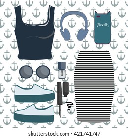 stylish and trendy clothing. lady fashion set of summer outfit. vector illustration