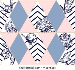 Stilvolles, geometrisches, nahtloses Muster mit Blumen aus Peony. Ideal für Mode. Vectordesign-Element