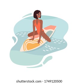 Stylish trendy girl in sunglasses sits on a surf board. Surfer sunbathing and relaxing in sea. Flat cartoon vector illustration. Top view.