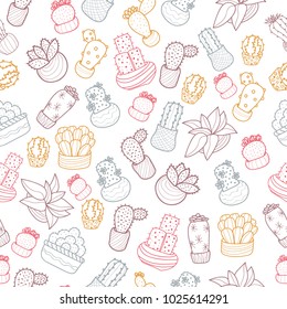 Stylish and trendy hand drawn cactus lineart seamless pattern vector