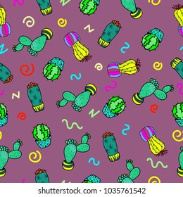 Stylish and trendy hand drawn cactus retro disco style seamless pattern vector
