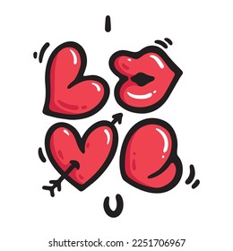 Stylish trendy juicy pop art print for t-shirt. I love you. Handdrawn vector illustration with thick letters. Gift for lover. Valentine's Day. February 14. Red lips. Letter in form of heart. Arrow