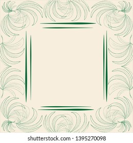 Stylish trendy label mock-up frame with leaves of palm green pattern on a pale beige background with a block with copy space for text