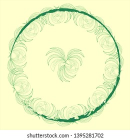Stylish trendy label mock-up frame with palm leaves in a circle green pattern on a pale beige background with a block with copy space for text