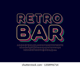 Stylish trendy logotype Retro Bar. 3D colorful Font. Vintage style bright Alphabet Letters, Numbers and Symbols