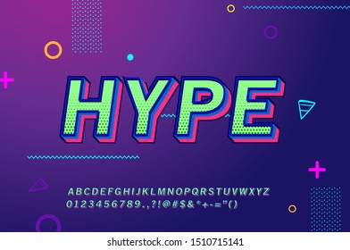 Stylish trendy logotype, youth typography style, and bright Alphabet Letters, Numbers and Symbols, isolated with modern background and colorful