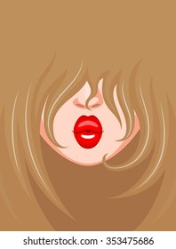 Stylish trendy look of light-skinned and fair-haired girl with red kissing lips. Beauty and fashion concept