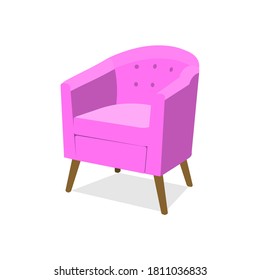 Stylish trendy model of an armchair in a trendy pink color with armrests on wooden legs. Isolated vector illustration of cozy interior item in cartoon flat style. EPS