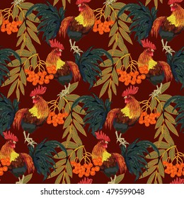 stylish, trendy seamless pattern with symbol 2017 by the Chinese calendar - red fire rooster. Print with decorative roosters and rowan berries. 