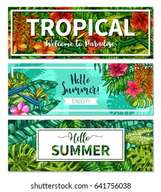 Stylish Trendy Typographical Summer Horizontal Banners. Sketch Hand Drawn Design With Tropical Plants And Flowers