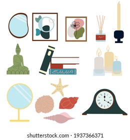 Stylish trendy vector home decor:candles, figurines, paintings and other elements isolated on white background.Interior goods in natural colors.