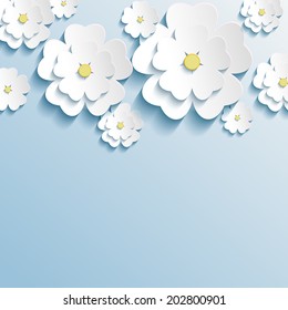 Stylish trendy wallpaper with 3d cut paper flowers sakura white. Greeting or invitation card with stylized flowers. Beautiful modern background. Vector illustration