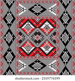 Stylish tribal geometric diamond design in red, black, and gray tones, ideal for textiles, backgrounds, digital art, and boho-themed decor projects.