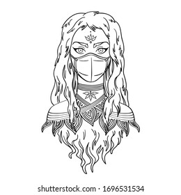 Stylish tribal girl with long hair wearing medical mask. Coronavirus pandemic concept. Monochrome vector illustration of masked subcultural girl in hand-drawn style isolated on white background.