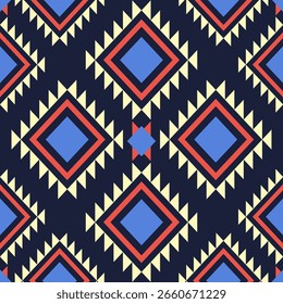 Elegante patrón de inspiración tribal con Formas geométricas de diamantes y detalles en triángulo. Los colores llamativos en azul marino, rojo, crema y azul lo hacen ideal para el diseño de moda y proyectos textiles digitales.