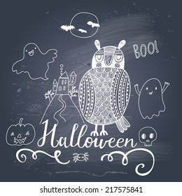 Stylish trick or treat card in vector. Stylish halloween background in cartoon style with cute owl and ghosts