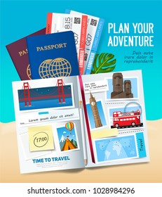 Stylish trip banner with opened album, passport with tickets, photos with places of interest landmarks, notes and stickers, travel concept.