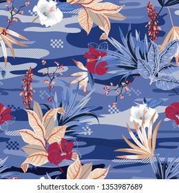 Stylish Tropical flowers anfd exotic plants on the blue camouflage background. Vector seamless pattern illustration design for fashion fabric ,web,wallaper,card and  all prints 