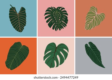 Stylish tropical leaves illustration with a variety of green foliage on colorful backgrounds. Perfect for modern decor, botanical projects, and design elements. Adds a fresh and vibrant touch.