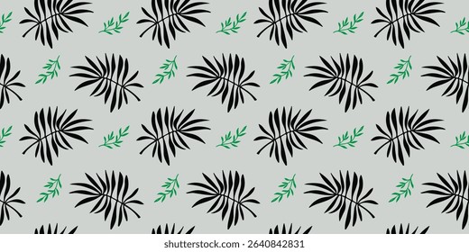 A stylish tropical pattern featuring bold black palm leaves and vibrant green foliage on a soft gray background—perfect for summer vibes and modern prints.