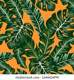 Stylish tropical seamless pattern with leaves and plants on a yellow background. Summer background with exotic leaves. Trendy summer Hawaii print. Floral pattern. Creative abstract background.
