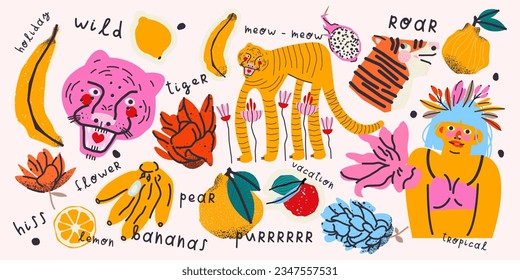 Stylish tropical set with fruit, tigers, flowers, a girl in a swimming costume and themed words. Bright vector collection, illustration, elements for design 