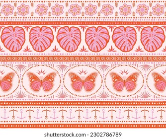 Stylish Tropical Summer Pattern with Hand drawn Monstera, Palm leaves ,Butterfly , Anchor , on Horizontal stripes. Hand drawn illustrations in vector. Design for fabric, textile, wallpaper