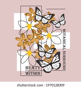 stylish t-shirt and apparel abstract design using flower ,butterfat and symbol . Vector print, typography ,symbol and text