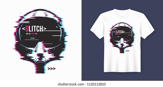 Stylish t-shirt and apparel trendy design with glitchy flight helmet, typography, print, vector illustration. Global swatches.