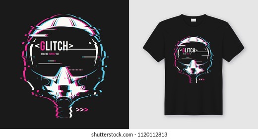 Stylish t-shirt and apparel trendy design with glitchy flight helmet, typography, print, vector illustration. Global swatches.