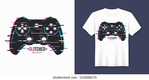 Stylish t-shirt and apparel trendy design with glitchy gamepad, typography, print, vector illustration. Global swatches.