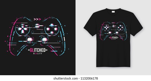 Stylish t-shirt and apparel trendy design with glitchy gamepad, typography, print, vector illustration. Global swatches.