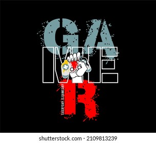 Stylish t-shirt and apparel trendy design with glitchy gamepad, typography, print, vector illustration. Global swatches.