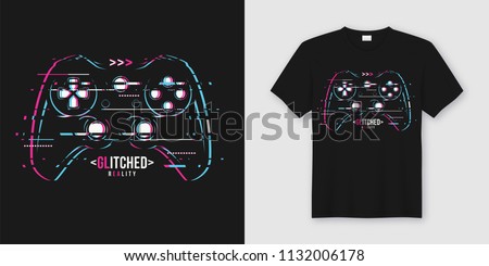 Stylish t-shirt and apparel trendy design with glitchy gamepad, typography, print, vector illustration. Global swatches.