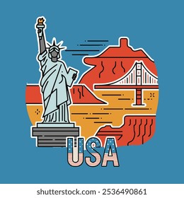 Un diseño de camiseta elegante que captura el espíritu aventurero de Estados Unidos, con Lugares famosos icónicos como la Estatua de la Libertad y el Gran Cañón en un arte de línea limpia.