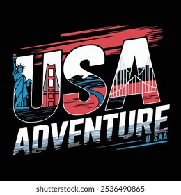 Un diseño de camiseta elegante que captura el espíritu aventurero de Estados Unidos, con Lugares famosos icónicos como la Estatua de la Libertad y el Gran Cañón en un arte de línea limpia.