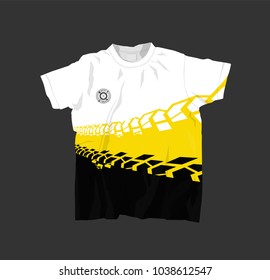 Stylish T-Shirt with off road texture. Grunge tire track pattern. Vector illustration useful for sweatshirt, tee-shirt print or other apparel design. Editable image in black, yellow, white colors