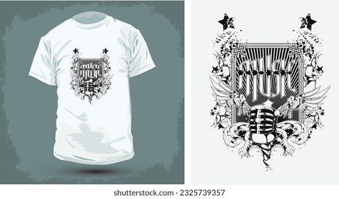 Stylish T-Shirt with Printed Graphic Design, Black and white illustration, Skull Printed design.