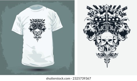 Stylish T-Shirt with Printed Graphic Design, Black and white illustration, Skull Printed design.