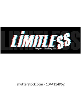 Stylish t-shirt slogan "Limitless", text glitch effect, textile printing drawing, apparel graphic design. Vector illustration.
