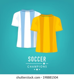 Stylish t-shirts on green background for Soccer Champions. 