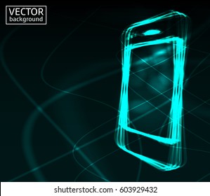 Stylish turquoise futuristic neon design smart phone for advertising, web etc. Space for your text. Vector illustration.