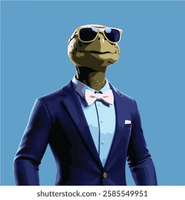 A stylish turtle wearing a navy suit, a baby blue shirt, sunglasses, and a pink bowtie, standing confidently against a solid blue background