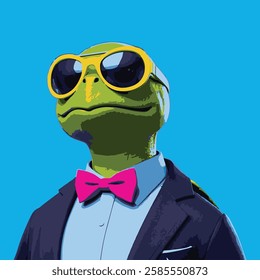 A stylish turtle wearing a navy suit, a baby blue shirt, sunglasses, and a pink bowtie, standing confidently against a solid blue background