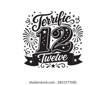 Stylish twelfth birthday typography vector isolated on a white background. Decorative hand lettering with festive ornaments, ideal for birthday cards, invitations, t-shirts, party decorations, stickers, and commercial design projects.