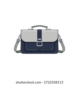 A stylish two-tone briefcase designed for professional use featuring a sturdy handle and adjustable shoulder strap.
