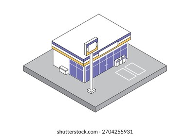 A stylish two-tone isometric building of a convenience store likely to be found in Japan with a main line.