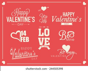 Stylish typographic collection for Happy Valentines Day on pink background.