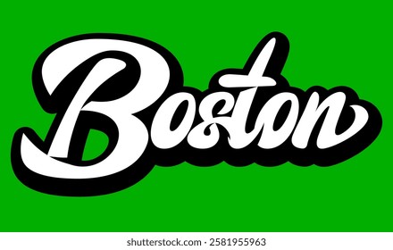 Stylish typographic design showcasing the word Boston in a bold, cursive font against a vibrant green background, perfect for urban-themed projects or city branding