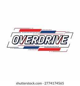 A stylish typographic logo featuring the word Overdrive with geometric speed lines in red and blue colors isolated on white